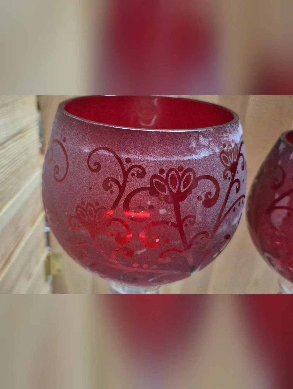 Red Frosted Glass Candle Holder Set of 3 Etched Floral Scroll Clear Stem Chalice